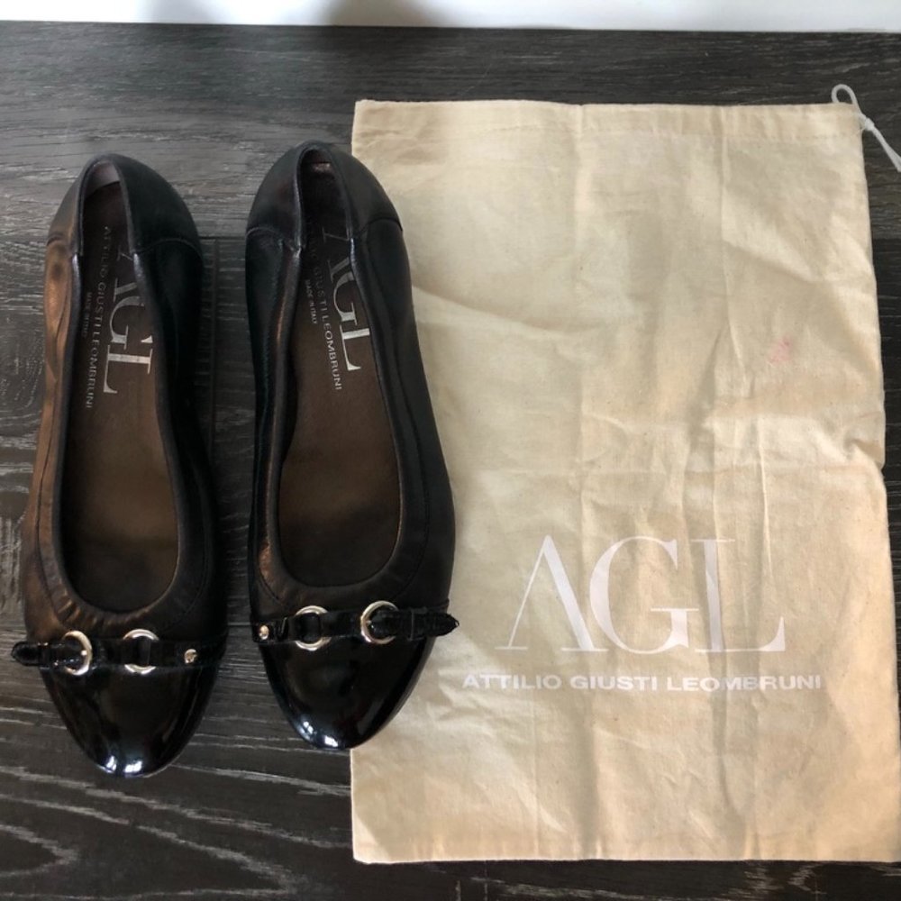 AGL Cap Toe Ballet Flat Black Leather Patent Leather Size US 8/EU 38